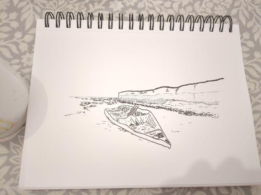 An ink drawing of a ship wreck at the bottom of some cliffs.