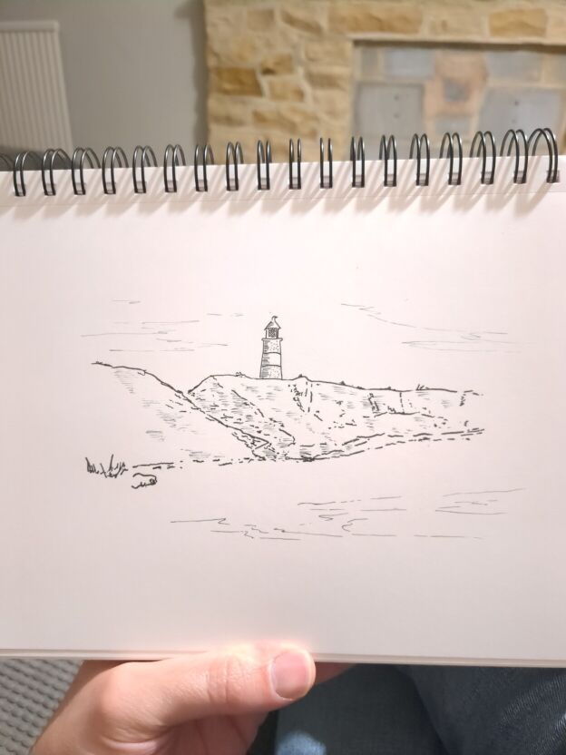 An ink drawing of Happisburgh lighthouse.