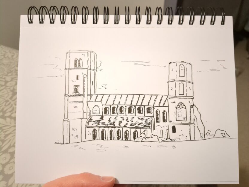 An ink drawing of a ruined church with two towers.
