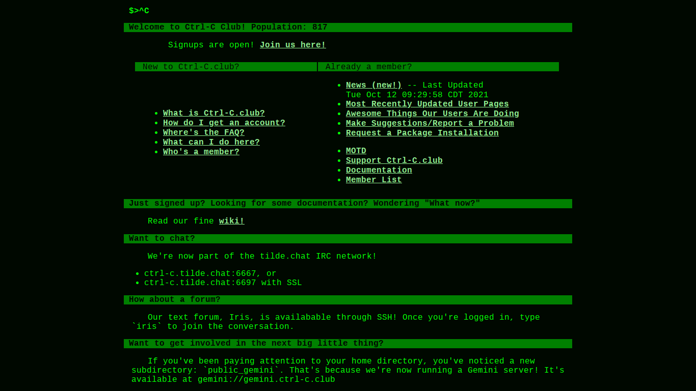 A screenshot of the Ctrl-C Club's home page