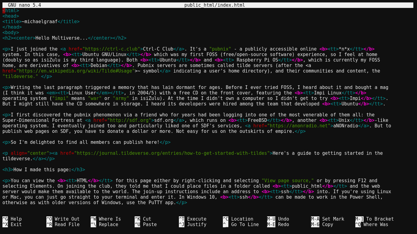 A screenshot of this page's HTML in the Nano editor