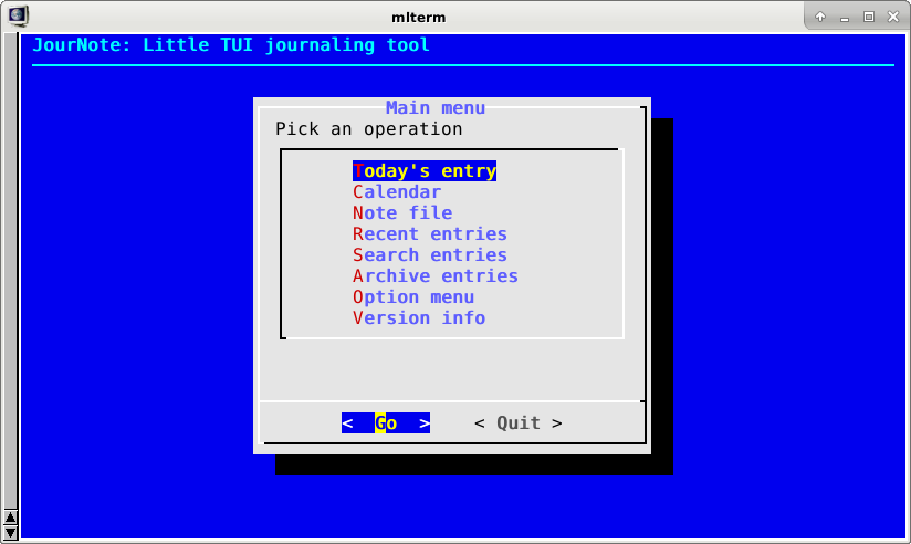 Screenshot of a text-based app running in a terminal emulator, with a menu of commands on a blue background.
