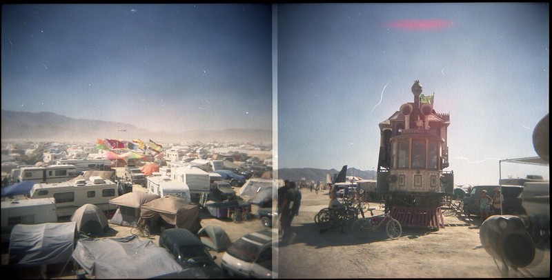 Black Rock City double print, scratched, taken via Holga in perpetual dust storm, 2009