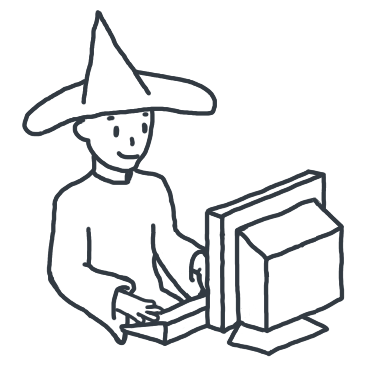 An animation of a beardless wizard typing at a computer