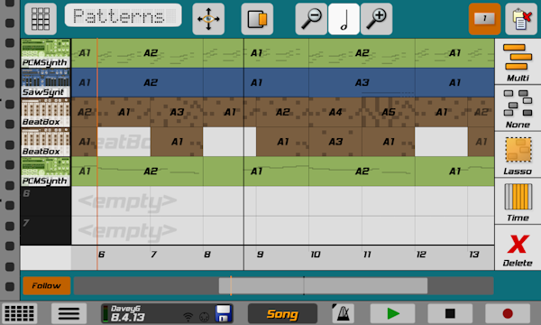 Screenshot of the interface of the music program Caustic, showing various patterns for various instruments laid out on a timeline.