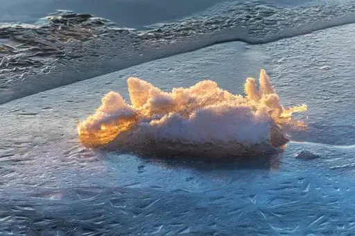 Photo of a tidal ice formation, backlit by orange sunset light.
