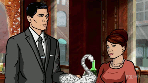 Sterling Archer tapping Cheryl Tunt's nose with a napkin folded in the shape of a swan