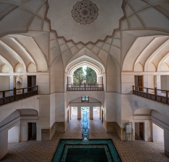 Photo of the interior of a building at Fin Garden in Kashan, Iran.