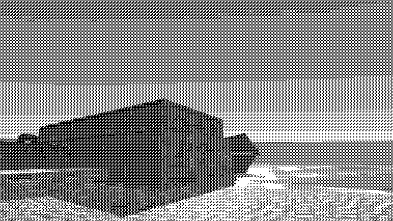 dithered grayscale image of a digital dumpster in a virtual scene