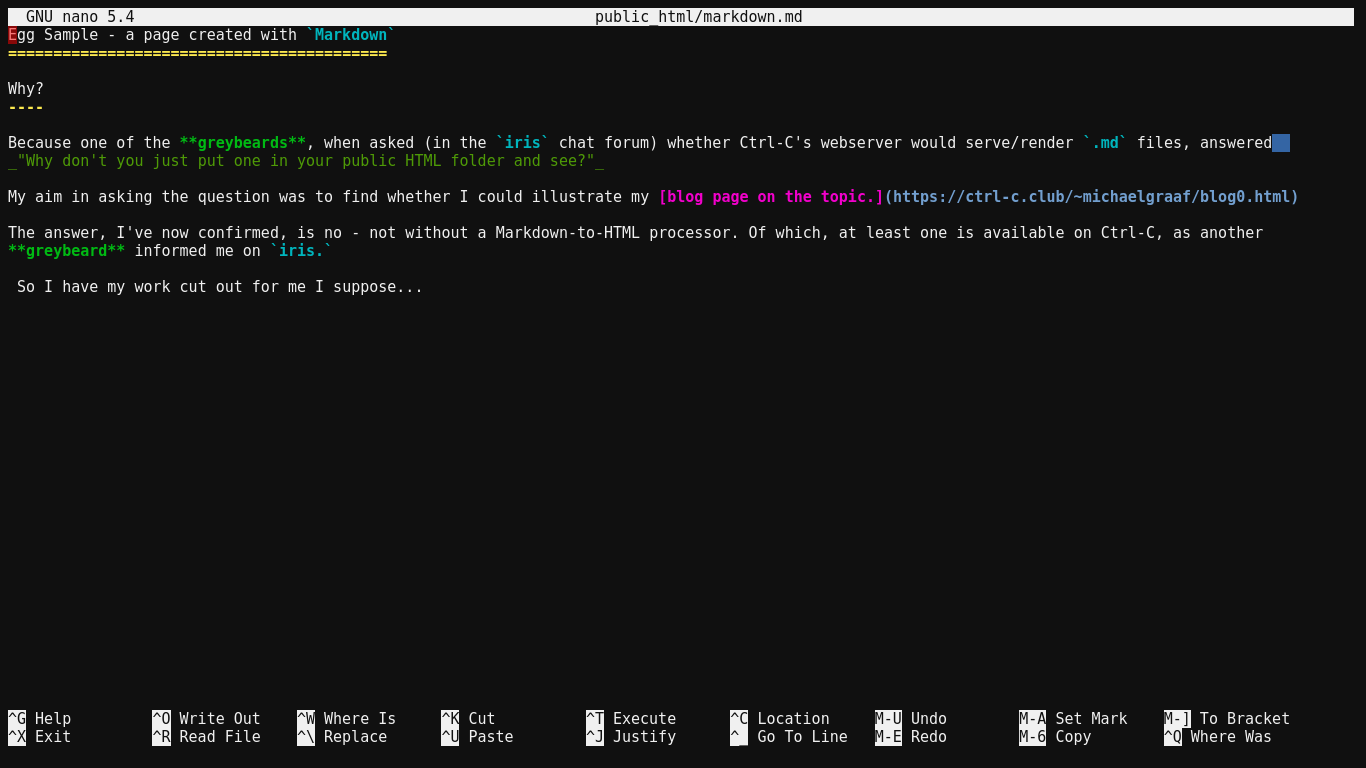 A screenshot of Markdown code in the Nano editor