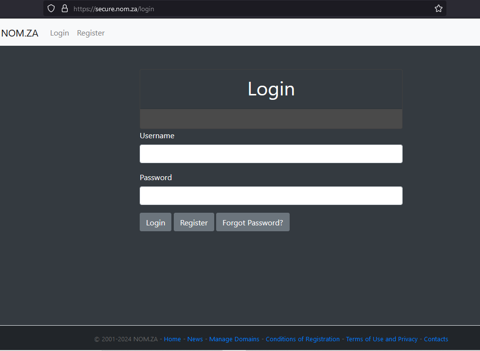 Screenshot of the login page of the .nom.za website