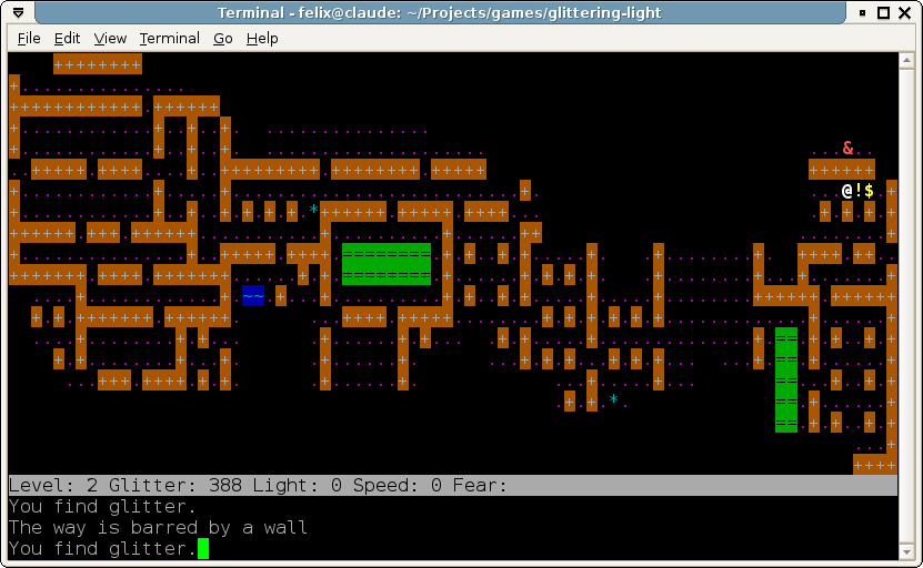 Screenshot of a text-based game running in a terminal emulator, showing a colorful maze, partly uncovered.