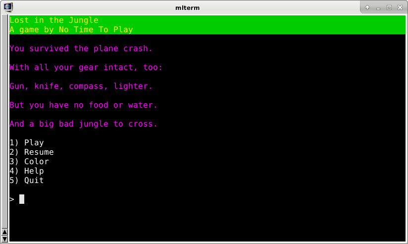 Screenshot of a text-based adventure game running in a terminal emulator, showing an intro, menu colorful user interface.