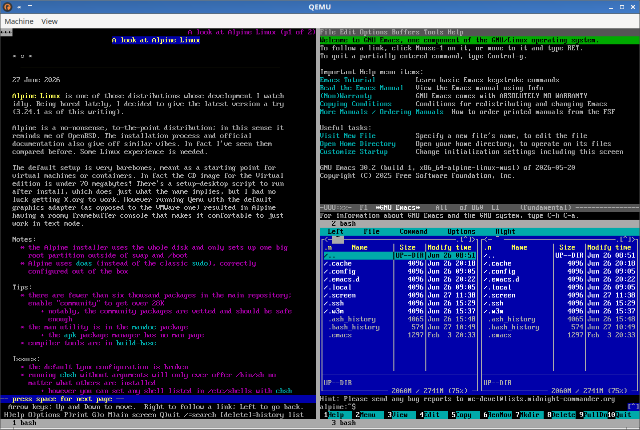 Screenshot of an emulated computer showing various text-based apps in a split-pane view.