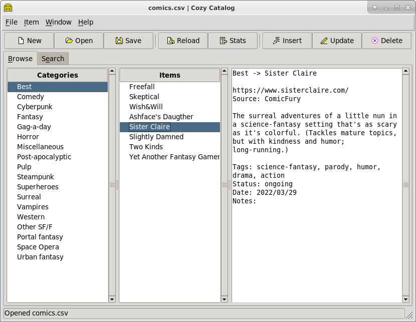 Screenshot of an application with a small toolbar and menu system, showing a list of webcomics grouped by category, in three columns.