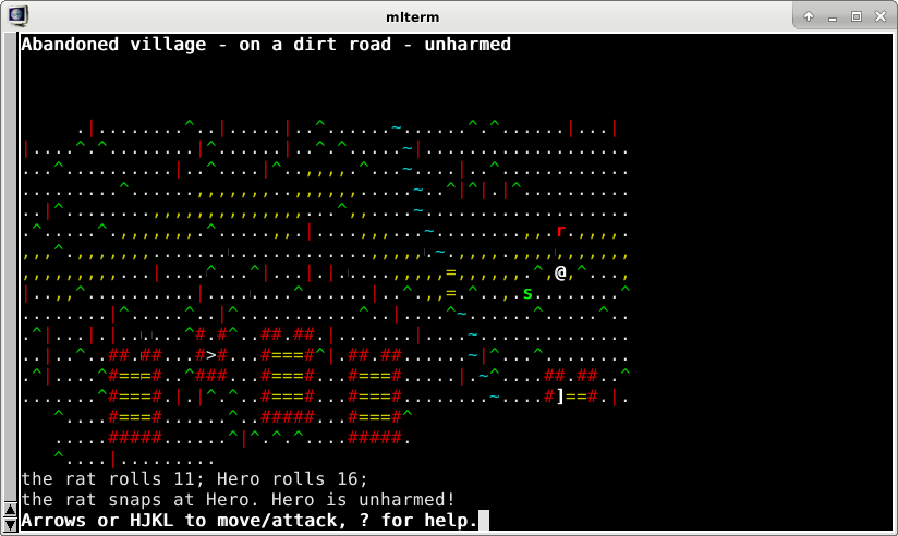 Game screenshot showing the map of a village, made of colorful ASCII characters, surrounded by status messages.