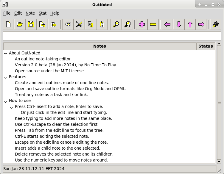Screenshot of a desktop application showing an edit line and tree of text notes in the main work area. There is a  toolbar with colorful icons,