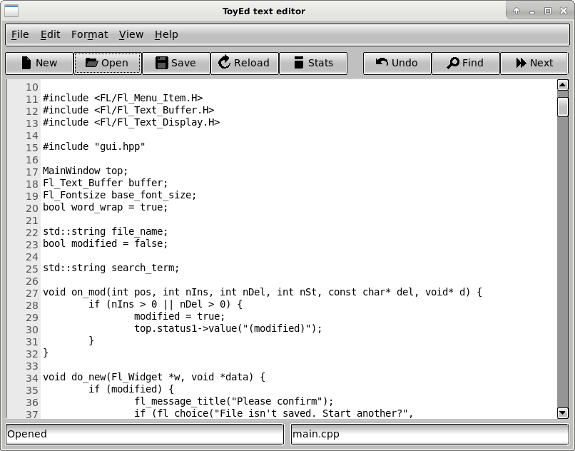 Screenshot of a simple text editor with grayscale icons on the toolbar and a glossy appearance, showing its own source code.