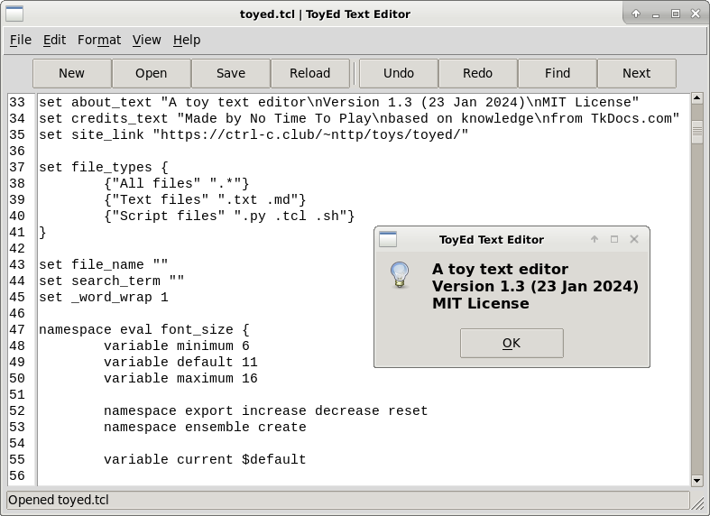 Screenshot of a simple text editor with a small toolbar but no icons, showing its own source code.
