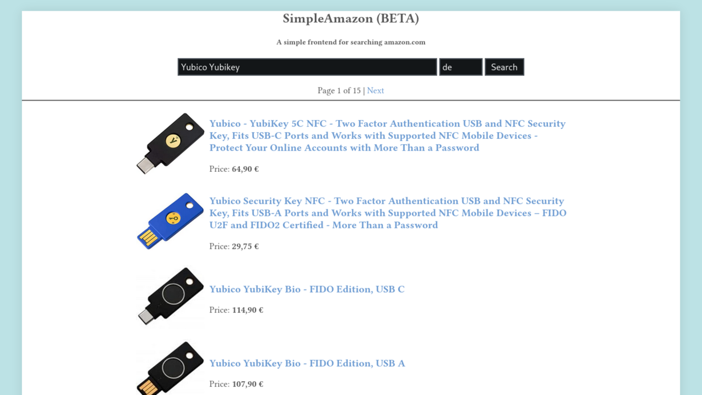 Screenshot of SimpleAmazon Search Results for 'de' and 'Yubico YubiKey'