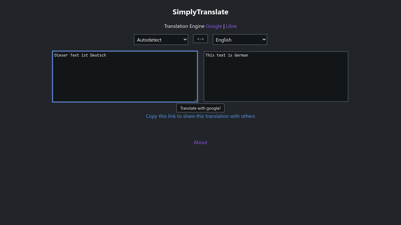 Screenshot of SimplyTranslate using the Dark Theme